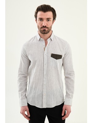 MCR Çizgili Slim Fit Cep Detaylı Uzun Kollu Keten Erkek Gömlek
