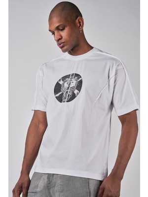 Ex-pent Kısa Kollu Regular Kalıp Poplin Garnili Baskılı Beyaz T-Shirt