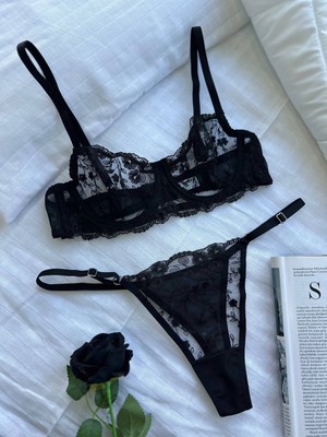 Ecs Butik Çiçek Desenli Dantelli Balenli Bralet & Tanga Takımı