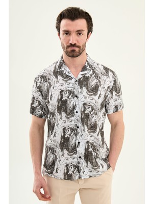 MCR Desenli Slim Fit Apaç Yaka Kısa Kollu Erkek Gömlek