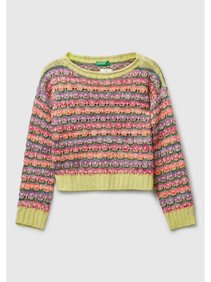 United Colors Of Benetton Kız Çocuk Çok Renkli %100 Akrilik Karışık Dikişli Crop Kazak