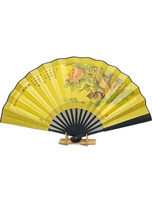 Dünyadan Hediyeler Çin Bambu Keten Kumaş Yelpaze 07BSG Siyah Büyük Boy 60CM No.7s