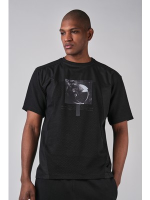 Ex-pent Kısa Kollu Regular Kalıp Poplin Garnili Baskılı Siyah T-Shirt