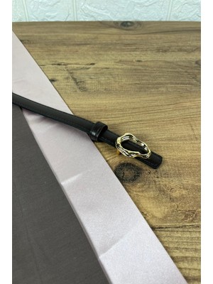 Paşala Leather Hakiki Deri Kadın Kemer Siyah Gold Tokalı 2 cm Genişlik Dikişli Bombeli Elbise Uyumlu