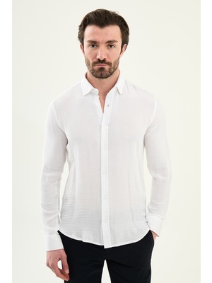 MCR Düz Slim Fit Uzun Kollu %100 Pamuk Erkek Gömlek