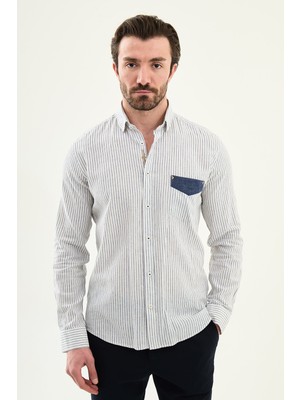 MCR Çizgili Slim Fit Cep Detaylı Uzun Kollu Keten Erkek Gömlek