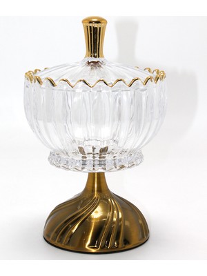 Neonova Metal Ayaklı Kristal Cam Şekerlik Gold Detaylı Sunumluk