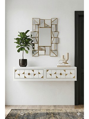 Yumedi Design DA1207BG - Rabbit Dresuar , Antre Hol Rafı, Duvara Montaj Tv Sehpası 120CM Beyaz- Gold