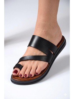 Shoemix Kadın Siyah Hakiki Deri Parmak Arası Günlük Comfort Terlik