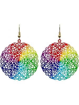 Fm Gökkuşağı Renkli Yuvarlak Mandala Çelik Küpe - Lazer Kesim Filigran; Hafif Bohem Stil Gökkuşağı Gradyan Çelik Küpe - Kararmaz Paslanmaz Çelik