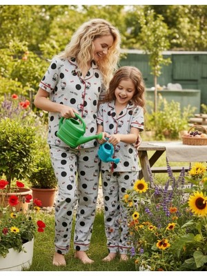 NiCe İç Giyim Hello Kitty Lisanslı Anne & Kız Kombin Gömlek Yaka Düğmeli Pijama %100 Pamuk Ayrı Satılır Gri Siyah