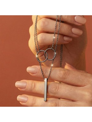 Valmont Accessories Kadın Geometrik Halka Çubuk Detaylı Kolye Antrasit Renk Modern Tasarım 40+3 cm