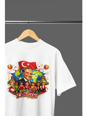 Ontunew 23 Nisan Baskılı Bisiklet Yaka Pamuklu Kısa Kollu Erkek ve Kız Çocuk Tişört