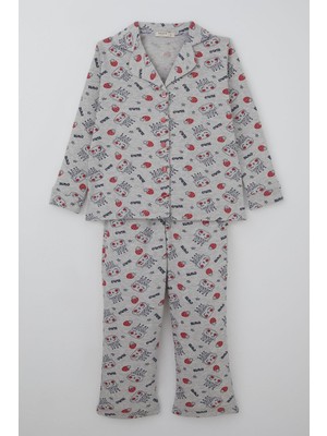 Breeze Kız Çocuk Pijama Takımı Kraliçe Kedicik & Çilek Desenli 7-11 Yaş, Açık Gri Melanj