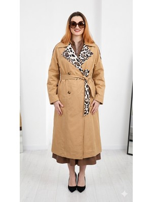 Gizelia Leopar Detaylı Klasik Camel Trençkot - Modern ve Şık Tasarım