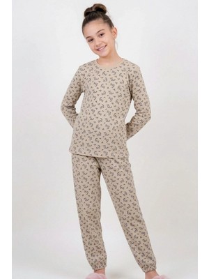 Breeze Kız Çocuk Pijama Takımı Çiçek Desenli Beli Paçası Lastikli 9-12 Yaş, Bej