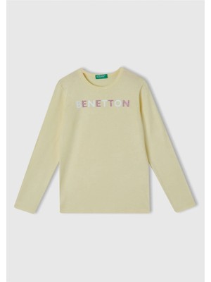 United Colors Of Benetton Kız Çocuk Açık Sarı Logo Baskılı T-Shirt