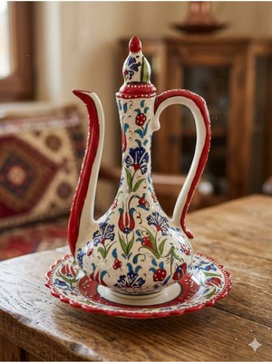  genel çini ıbrik tabaklı set 35 cm orta boy çini antik ıbrik el ışlemesi kabartmalı vazo