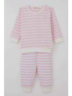 Breeze Kız Bebek Pijama Takımı Omuzdan Patlı Kendinden Desenli 4 Ay-1 Yaş, Pembe