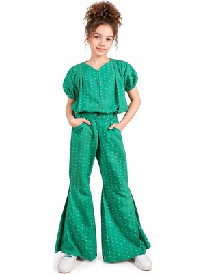 İrem Çocuk Giyim Kız Çocuk Puantiyeli Kısa Kollu Bluz Geniş Paça Modelli Pantolon Yeşil Renk Şık İkili Takım