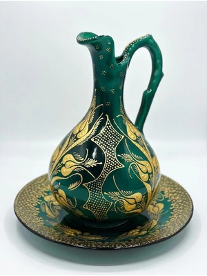  genel altın yaldızlı çini ıbrik tabaklı set el ışlemesi kabartma desenli yeşil vazo 32 cm