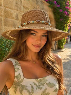 Aydın Şapkacınız Kadın Premium Hasır Boncuk Detaylı Yazlık Şapka – Geniş Kenarlı Plaj & Günlük Şapka