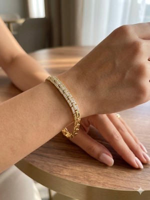 Kadın Gold Renk Zirkon Taşlı Eklemli Sıralı Xuping Şık Bileklik