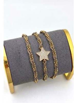 Zincir Ipli Gold Yıldızlı Gri Bileklik