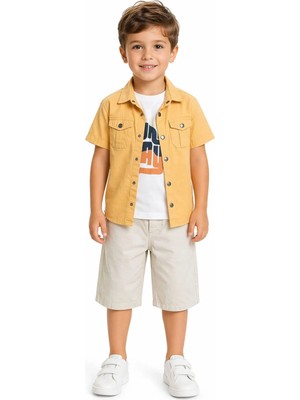 İrem Çocuk Giyim Erkek Çocuk Surf Day Yazılı Tişört Keten Gömlek Şortlu Üçlü Turuncu Renk Takım