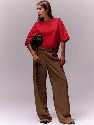 Trendseninle Kadın Düz Renk Kırmızı Oversize T-Shirt