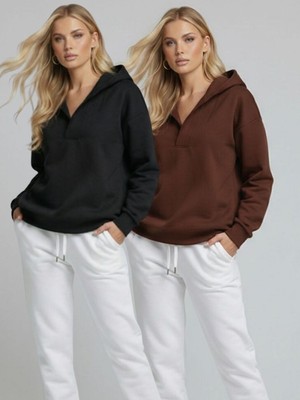 Trendseninle 2li Set Kahve+Siyah  Premium Modal Kumaş Regular Eşofman Üstü