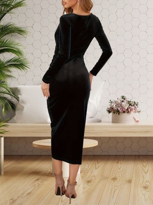 Infivento Kadın Uzun Kollu Kruvaze Yaka Belden Büzgü Detay Midi Kadife Elbise