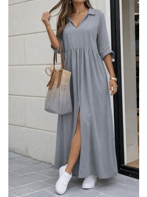 Infivento Kadın Truvakar Kollu V Yakalı Yırtmaçlı Uzun Aerobin Elbise