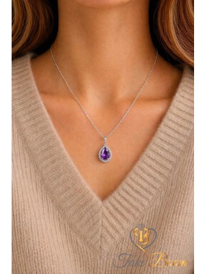 Ametist Taşlı Damla Kolye, Mor Taşlı Su Damlası Gümüş Kolye, Kadınlar Için Harika Hediye