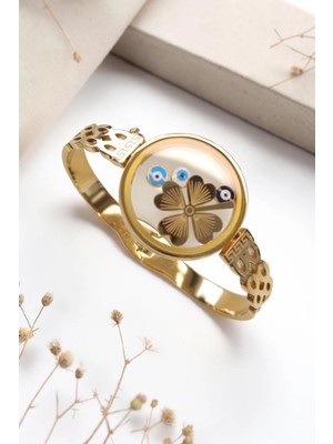 Luna Jewelry Kadın Gold Renk Yonca Model Açılabilir Çerçeveli 316 L Çelik Kelepçe Bileklik