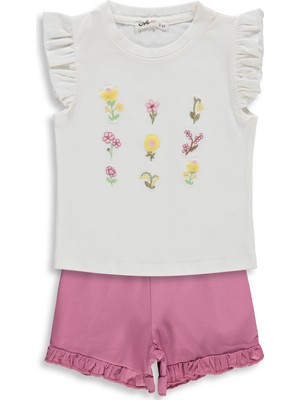 Civil Girls Çiçek Nakışlı 2-5 Yaş Takım - Ekru-Soft Pembe