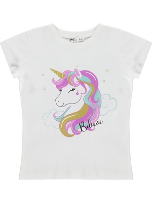 Civil Girls Unicorn Baskılı 6-9 Yaş Tişört  - Kırık Beyaz