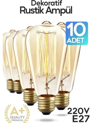 Suled Dekoratif 10'lu Retro Rustik Ampül E27 Standart Duy 220v Ev Cafe Aplik Abajur Tavan Ampülü