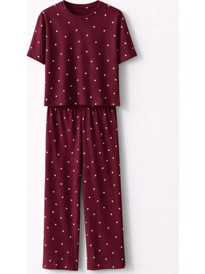 Mjamass Kalp Desenli Vişne Rengi Pijama Takımı