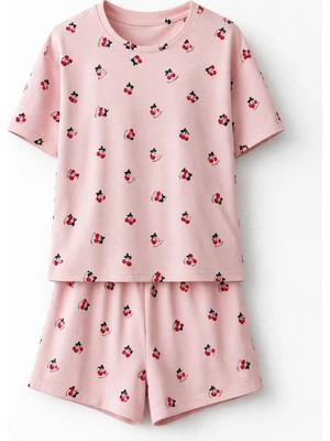 Mjamass Pudra Vişne Desenli Şort Pijama Takım