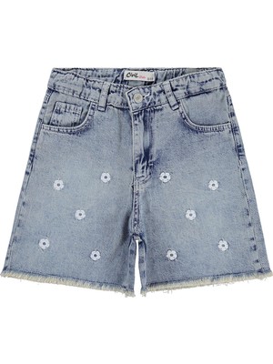 Civil Girls Civil Kız Çocuk Yazlık Papatya Nakışlı Mavi Şort Rahat Kesim 10-13 Yaş