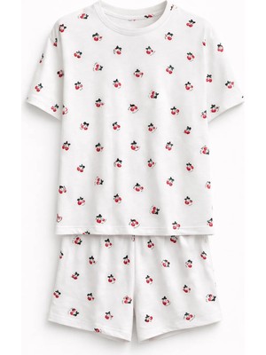 Mjamass Beyaz Vişne Desenli Şort Pijama Takım