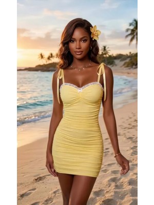 Marsilyan Kadın Sarı Bağlama Detaylı Şık Tasarım Mini Elbise