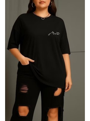 Punix Punıx Büyük Beden Özel Tasarım Dağ Baskılı Ter Tutmayan  Kadın Battal Yazlıkt-Shırt