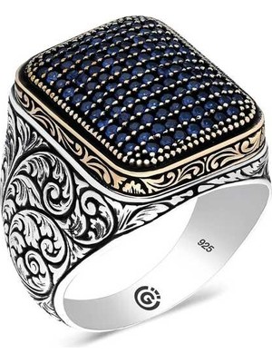 Fm 💎 Premium 925 Ayar Ithal ​gümüş Lacivert Zirkon Taşlı Kare Erkek Yüzük - 22 Ölçü