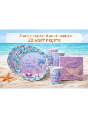 8 Kişilik Deniz Kızı Temalı Tabak,bardak,peçete Seti,doğum Günü Parti