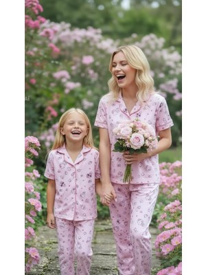 NiCe İç Giyim Hello Kitty Lisanslı Anne & Kız Pembe Gömlek Yaka Düğmeli Pijama Takım Yumuşacık %100 Pamuk
