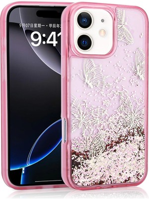 Apple iPhone 12 Için Uyumlu Kılıf Kapak Sıvılı Simli Kelebek Baskılı Şeffaf Arka Yüzey Glis Silikon