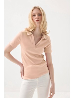 Gusto Polo Yaka Kaşkorse Tshirt - Pudra