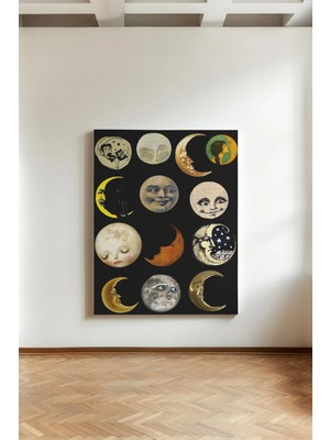 Kanvaspera Ay'ın Yüzleri - Tablo - Nostaljik, Boho ve Burç Temalı Duvar Dekoru - Gece Lambası Etkisi
